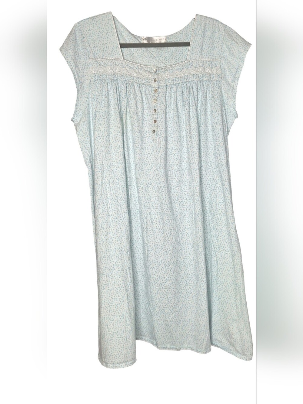 Eileen West 100% Knit Cotton Night gown Size XL Teal Blue White Floral Print